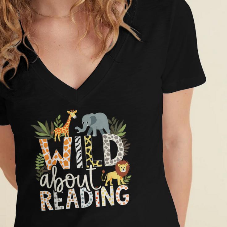 Wild About Reading Animals And Book Lovers Women's Jersey Short Sleeve Deep V-Neck Tshirt