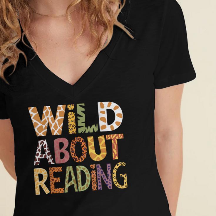 Wild About Reading Book Animal Children's Book Lover Teacher Women's Jersey Short Sleeve Deep V-Neck Tshirt