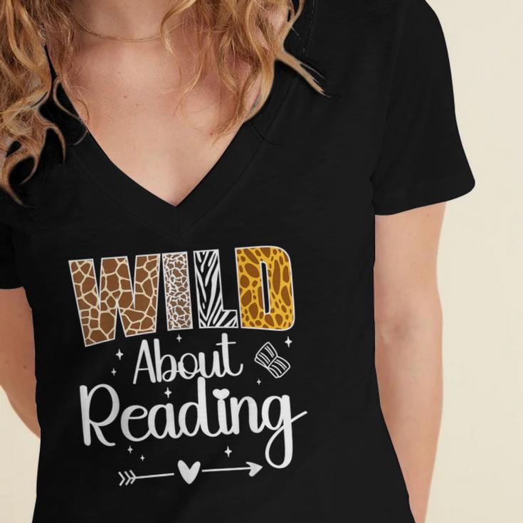 Wild About Reading Book Lover Bookworm Library Day Women's Jersey Short Sleeve Deep V-Neck Tshirt