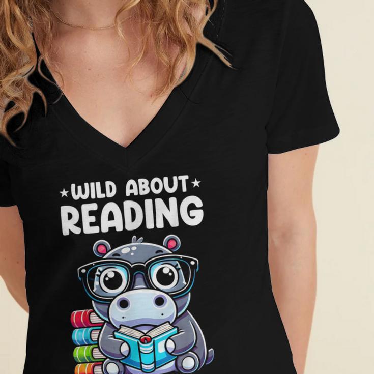 Wild About Reading Book Lover Hippo Women's Jersey Short Sleeve Deep V-Neck Tshirt Wild About Reading Book Lover Hippo Women's Jersey Short Sleeve Deep V-Neck Tshirt