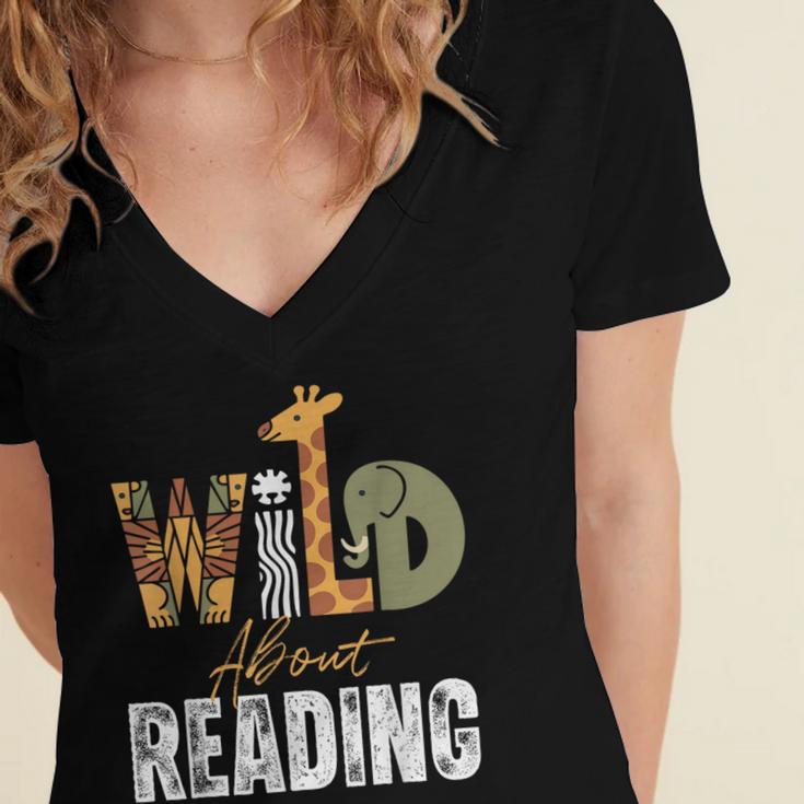 Wild About Reading Books Animal Theme Bookworm Library Day Women's Jersey Short Sleeve Deep V-Neck Tshirt