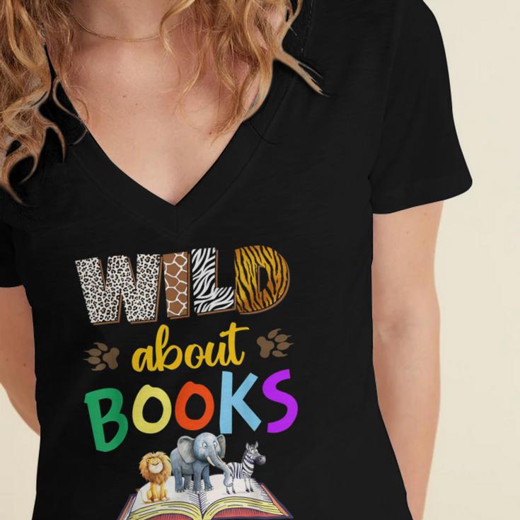 Wild About Reading Books Reader Bookworm Animals Book Lover Women's Jersey Short Sleeve Deep V-Neck Tshirt Wild About Reading Books Reader Bookworm Animals Book Lover Women's Jersey Short Sleeve Deep V-Neck Tshirt