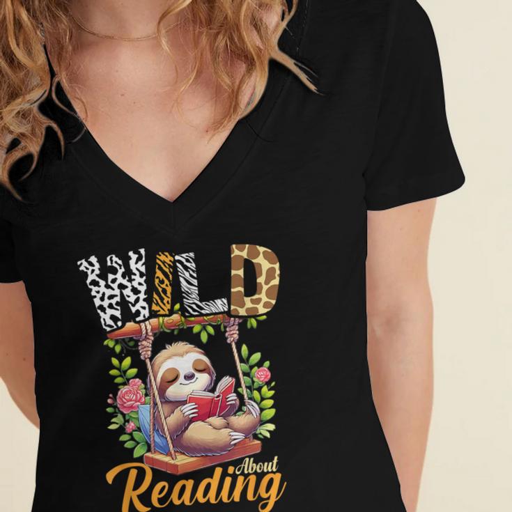 Wild About Reading Books Reader Lover Funny Teacher Animals For Men Women Kids Women's Jersey Short Sleeve Deep V-Neck Tshirt