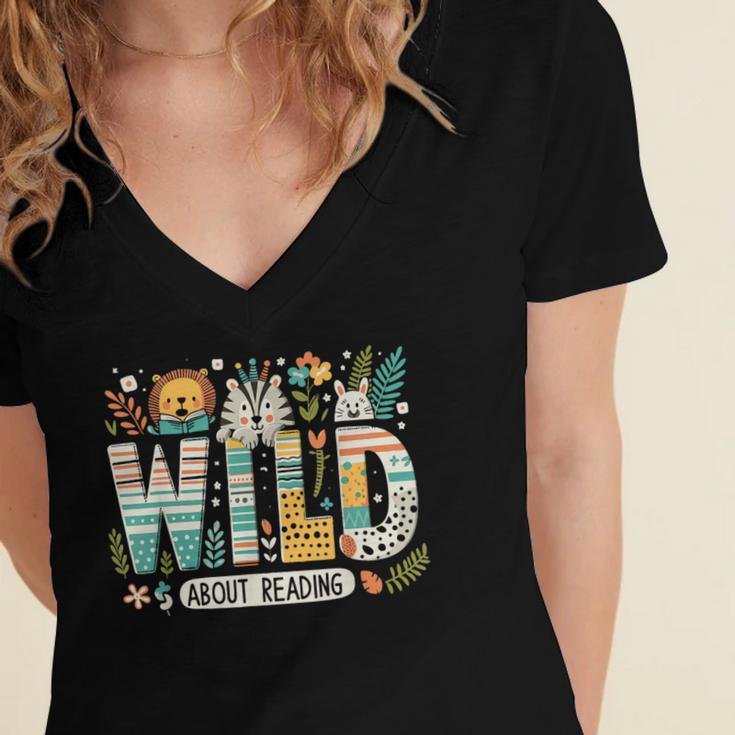 Wild About Reading Bookworm Book Reader Zoo Animals Women's Jersey Short Sleeve Deep V-Neck Tshirt Wild About Reading Bookworm Book Reader Zoo Animals Women's Jersey Short Sleeve Deep V-Neck Tshirt