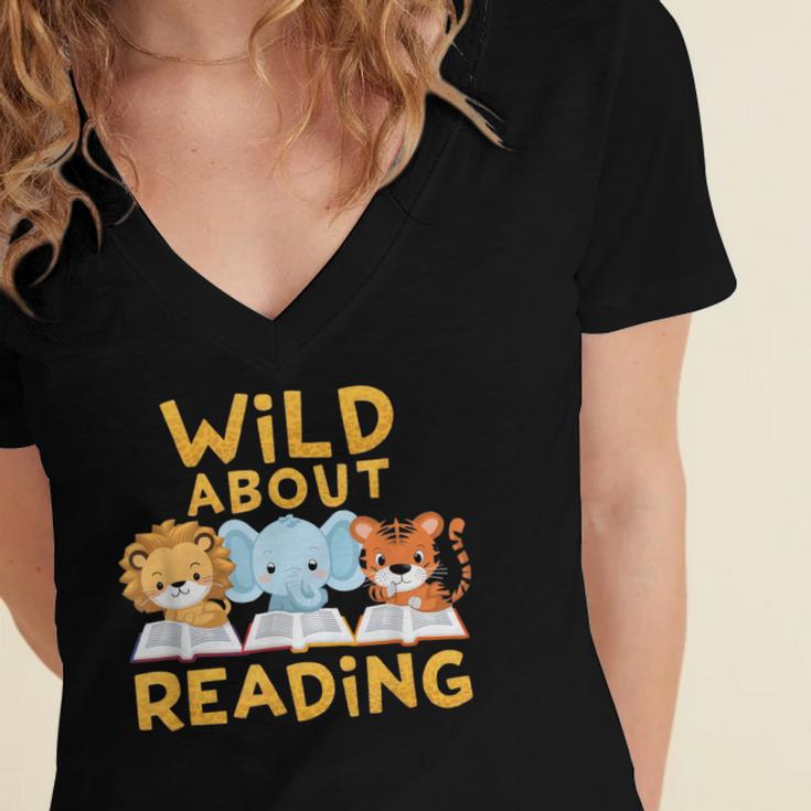 Wild About Reading Cute Animal Book Lover Kids Women's Jersey Short Sleeve Deep V-Neck Tshirt