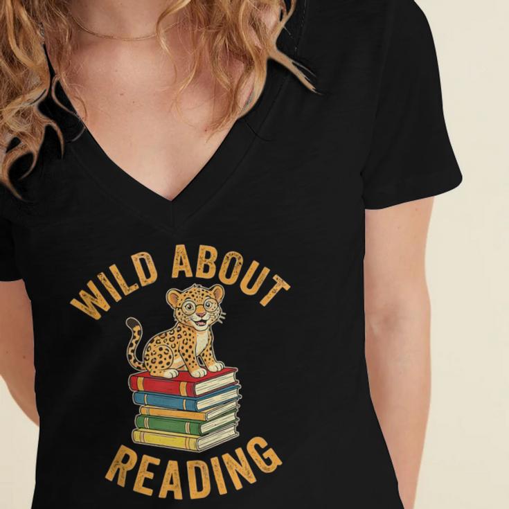 Wild About Reading Cute Leopard Teacher Kids Book Lover Women's Jersey Short Sleeve Deep V-Neck Tshirt Wild About Reading Cute Leopard Teacher Kids Book Lover Women's Jersey Short Sleeve Deep V-Neck Tshirt