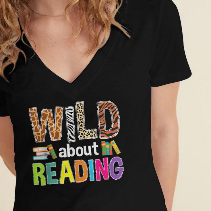 Wild About Reading Library Day Reading Books & Bookworm Women's Jersey Short Sleeve Deep V-Neck Tshirt Wild About Reading Library Day Reading Books & Bookworm Women's Jersey Short Sleeve Deep V-Neck Tshirt