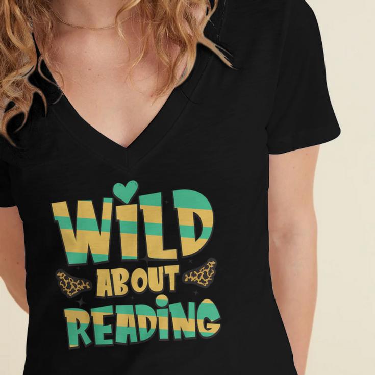 WILD ABOUT READING I Love Books Bookworm Library Day Women's Jersey Short Sleeve Deep V-Neck Tshirt