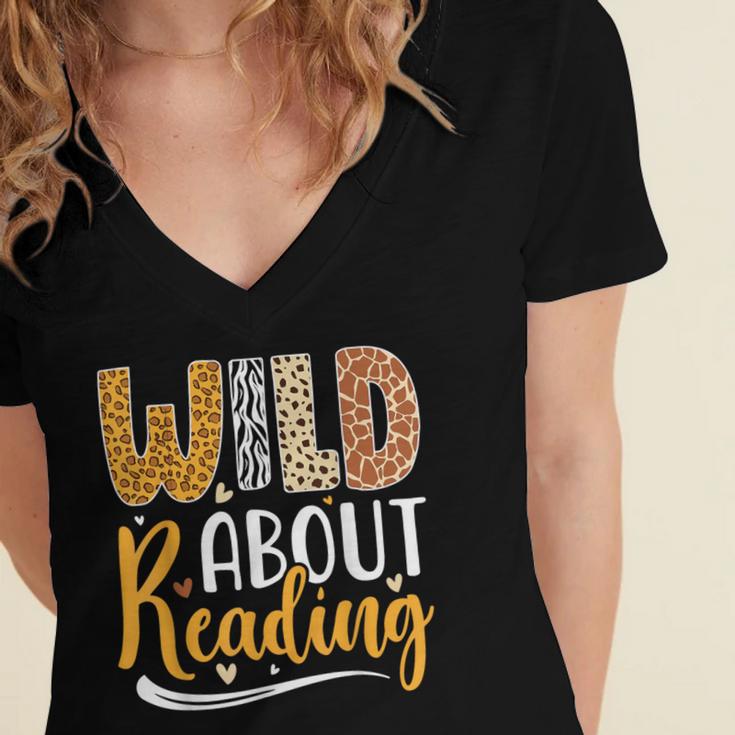Wild About Reading Lover Bookworm Library Teacher Zoo Animal Women's Jersey Short Sleeve Deep V-Neck Tshirt Wild About Reading Lover Bookworm Library Teacher Zoo Animal Women's Jersey Short Sleeve Deep V-Neck Tshirt