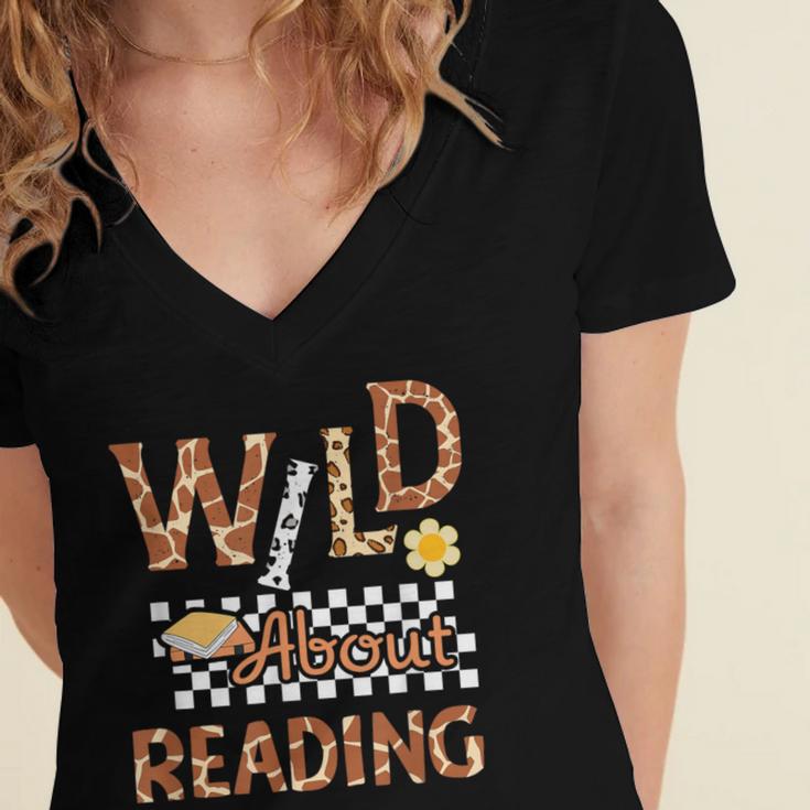 Wild About Reading Teacher Reading Books Back To School Women's Jersey Short Sleeve Deep V-Neck Tshirt