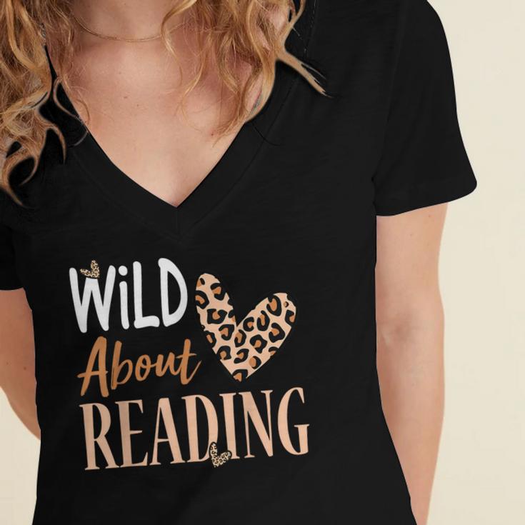 Wild About Reading Teacher Books Reader Lovers Leopard Zebra Women's Jersey Short Sleeve Deep V-Neck Tshirt