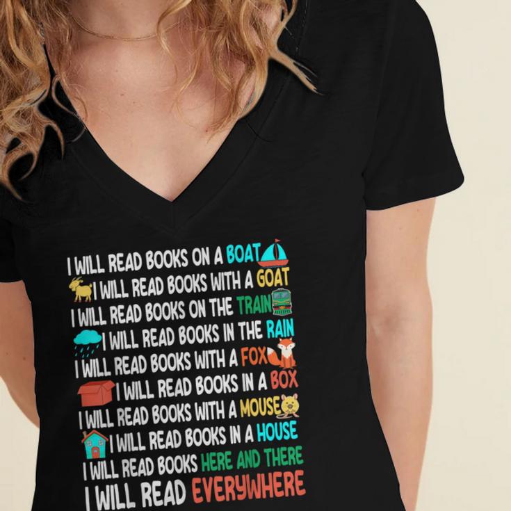 I Will Read Books On A Boat & Everywhere Reading Book Women's Jersey Short Sleeve Deep V-Neck Tshirt