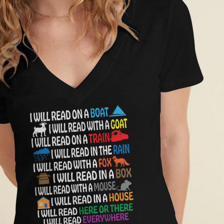 I Will Read Books On A Boat & Everywhere Reading Kids Book Women's Jersey Short Sleeve Deep V-Neck Tshirt