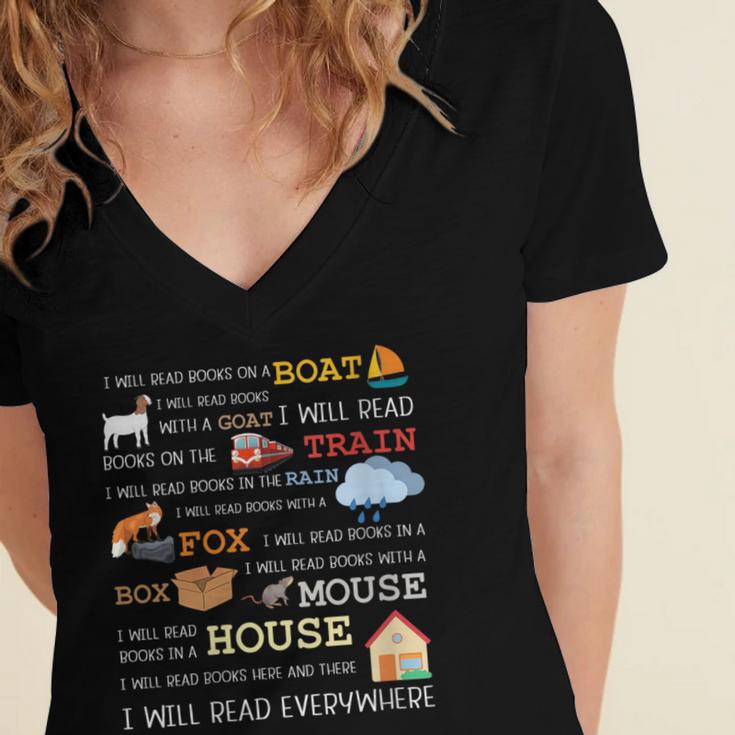 I Will Read Books On a Boat & Everywhere Reading Women's Jersey Short Sleeve Deep V-Neck Tshirt