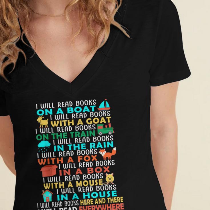 I Will Read Books On A Boat Kids Reading Read Books Women's Jersey Short Sleeve Deep V-Neck Tshirt