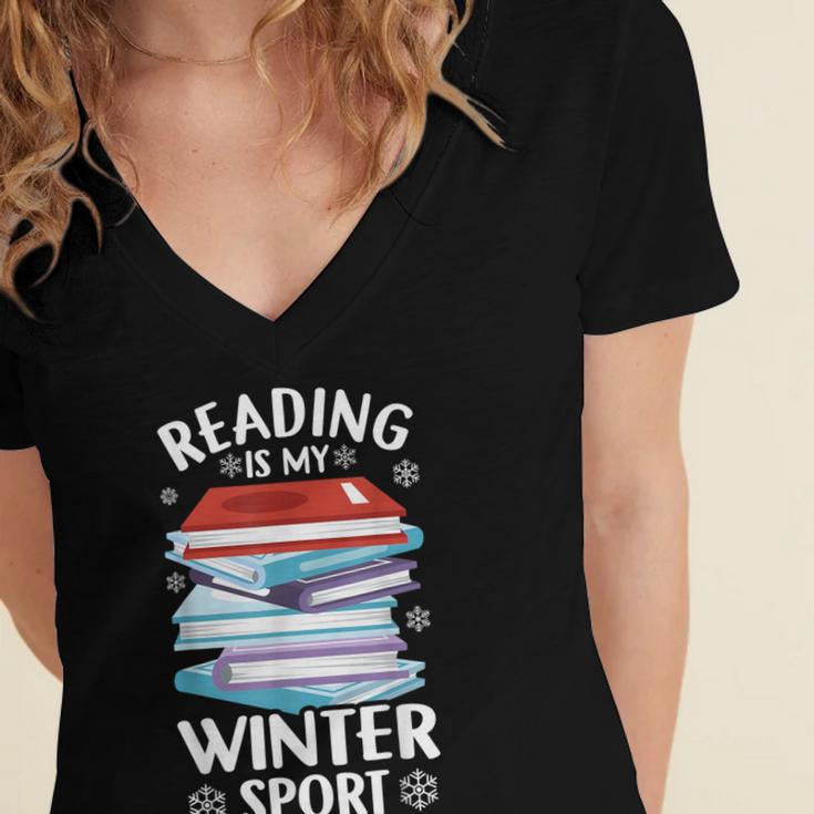 Winter Reading Book Bookworm Winter Women's Jersey Short Sleeve Deep V-Neck Tshirt