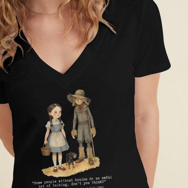 Wizard Of Oz Book Quote Scarecrow Dorothy Retro Drawing Women's Jersey Short Sleeve Deep V-Neck Tshirt
