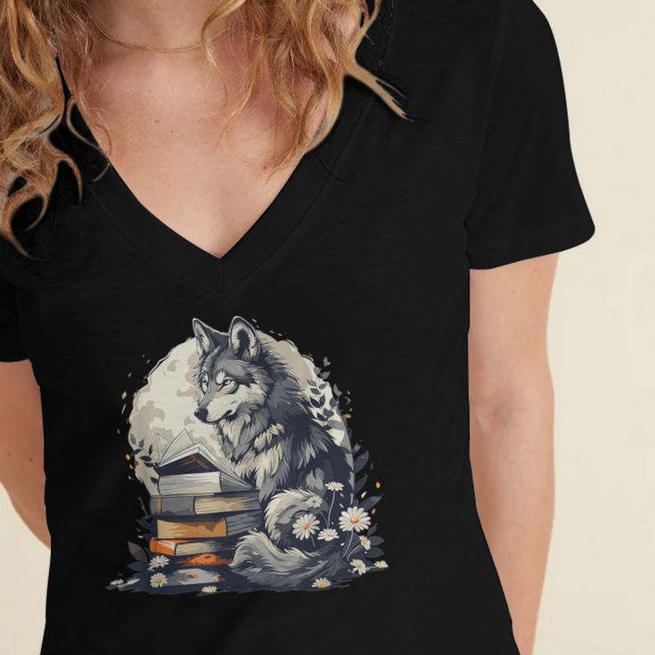 Wolf Reading Book Librarian Library Wolves Women's Jersey Short Sleeve Deep V-Neck Tshirt
