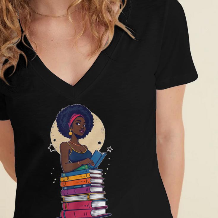 Woman And Books Stack Afro Girl Reading Lover Women's Jersey Short Sleeve Deep V-Neck Tshirt