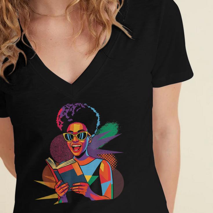 Woman Reading Book Lover Geometric Girl Afro History Women's Jersey Short Sleeve Deep V-Neck Tshirt