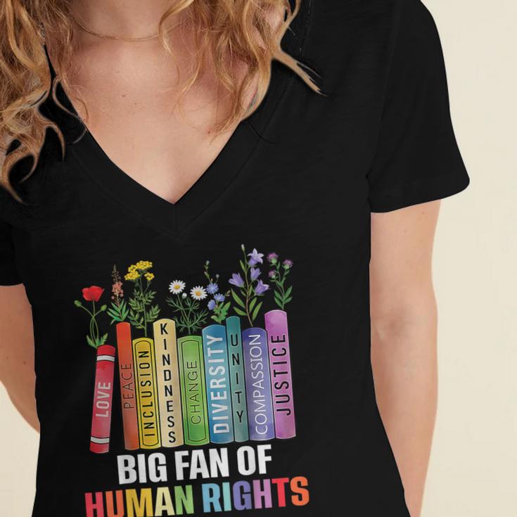 Women Floral Book Big Fan Of Human Rights Liberal Protest Women's Jersey Short Sleeve Deep V-Neck Tshirt