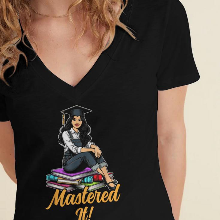 Women Mastered It Girl Master Degree Graduation Graduate Women's Jersey Short Sleeve Deep V-Neck Tshirt