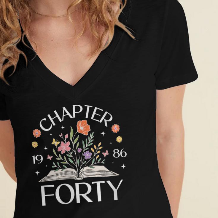 Women's 1986 Chapter Forty 40th Birthday Wildflower Book 40 Year Old Women's Jersey Short Sleeve Deep V-Neck Tshirt
