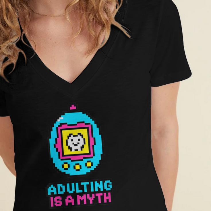 Women's Adulting Is A Myth Retro Pixel Pet Nostalgia Millennials Women's Jersey Short Sleeve Deep V-Neck Tshirt