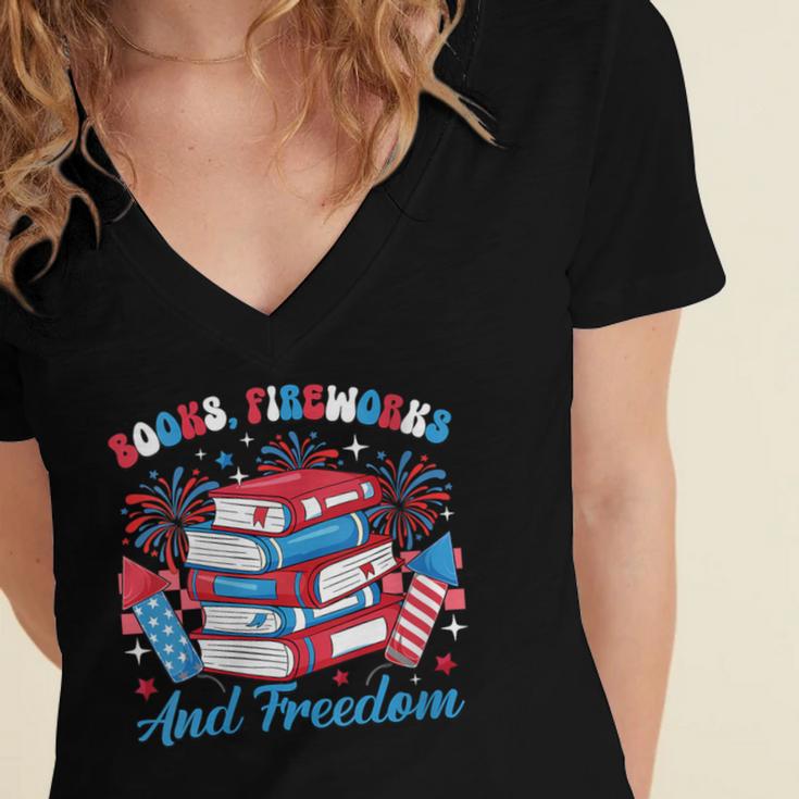 Women's Books Fireworks And Freedom Independence Day Book Lover Women's Jersey Short Sleeve Deep V-Neck Tshirt
