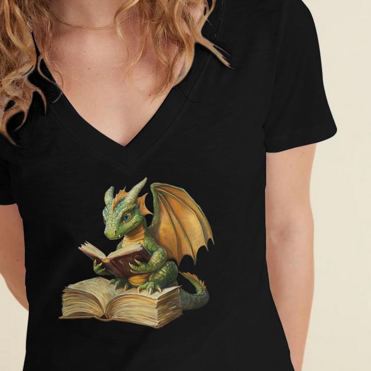 Women's Dragon Bookworm Reading Book Graphic Women's Jersey Short Sleeve Deep V-Neck Tshirt
