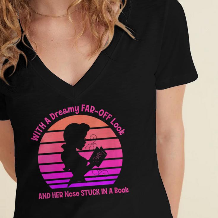Women's With A Dreamy Far-Off Look And Her Nose Stuck In A Book Women's Jersey Short Sleeve Deep V-Neck Tshirt