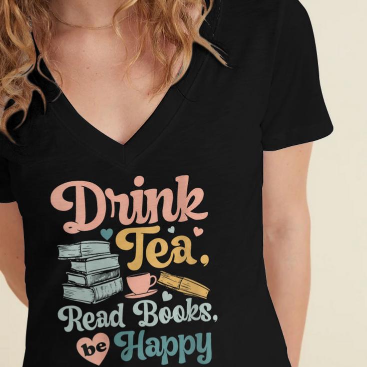 Women's Drink Tea Read Books Nerd Book Reader Book Reading Lover Women's Jersey Short Sleeve Deep V-Neck Tshirt