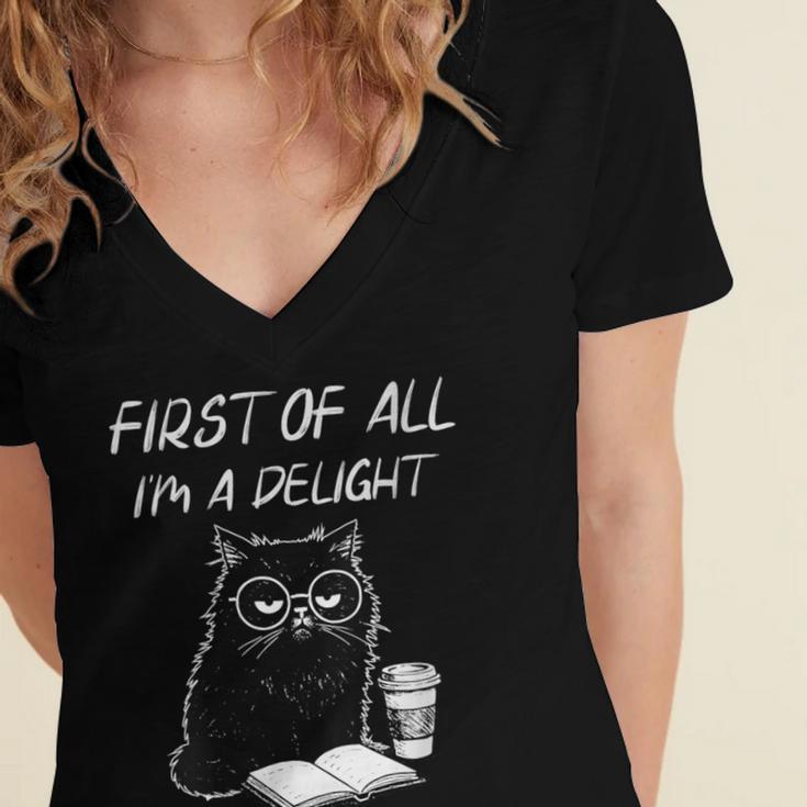 Women's First Of All I’m A Delight Cute Cat Books Coffee Humor Women's Jersey Short Sleeve Deep V-Neck Tshirt Women's First Of All I’m A Delight Cute Cat Books Coffee Humor Women's Jersey Short Sleeve Deep V-Neck Tshirt