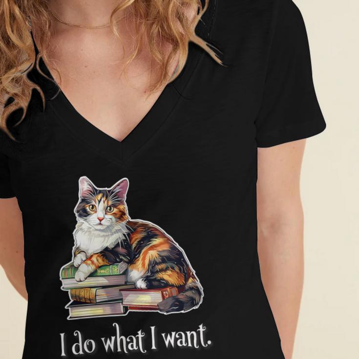 Womens Girls Books I Do What I Want Calico Cat Lover Women's Jersey Short Sleeve Deep V-Neck Tshirt Womens Girls Books I Do What I Want Calico Cat Lover Women's Jersey Short Sleeve Deep V-Neck Tshirt