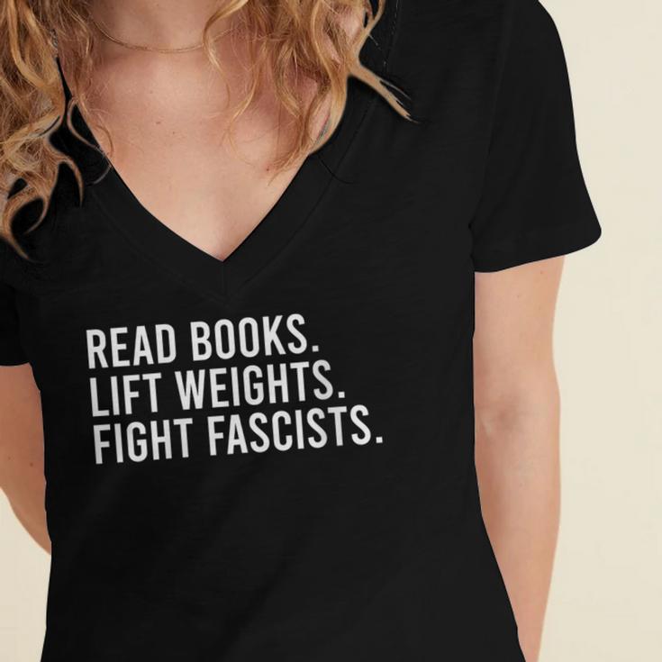 Women's Read Books Lift Weights Fight Fascists Reading Activism Women's Jersey Short Sleeve Deep V-Neck Tshirt