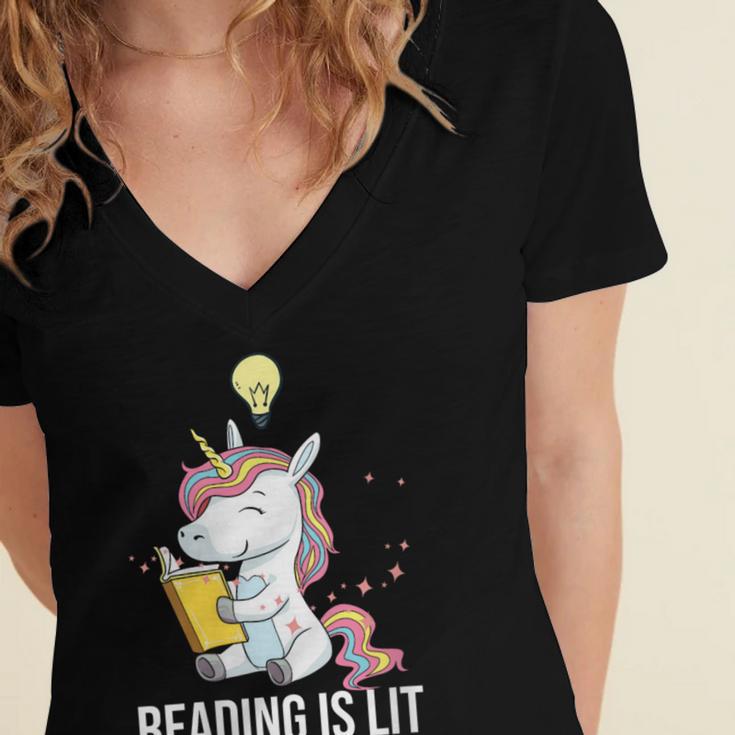 Women's Reading Is Lit Unicorn Library English Teacher Book Lover Women's Jersey Short Sleeve Deep V-Neck Tshirt