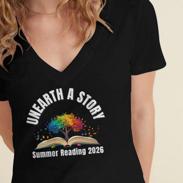 Women's Unearth a Story 2026 Summer Reading Program Tree Book Women's Jersey Short Sleeve Deep V-Neck Tshirt