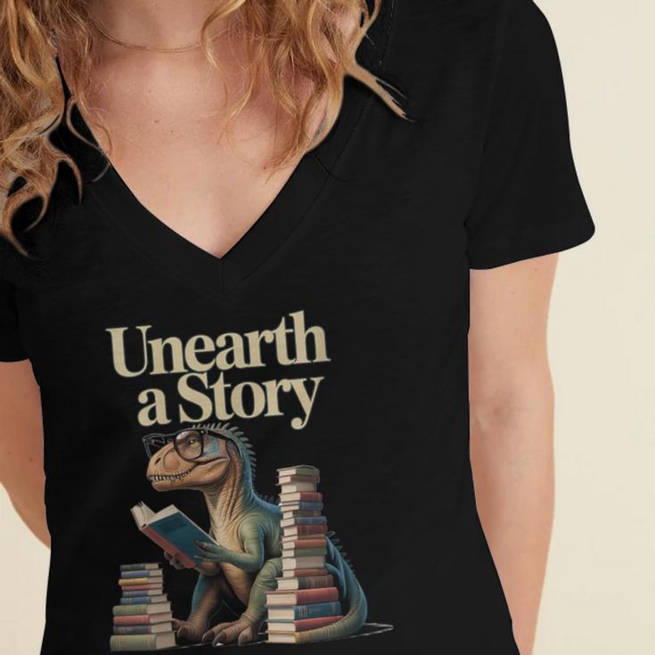 Women's Unearth A Story Dinosaur Reading a Library Book Women's Jersey Short Sleeve Deep V-Neck Tshirt Women's Unearth A Story Dinosaur Reading a Library Book Women's Jersey Short Sleeve Deep V-Neck Tshirt