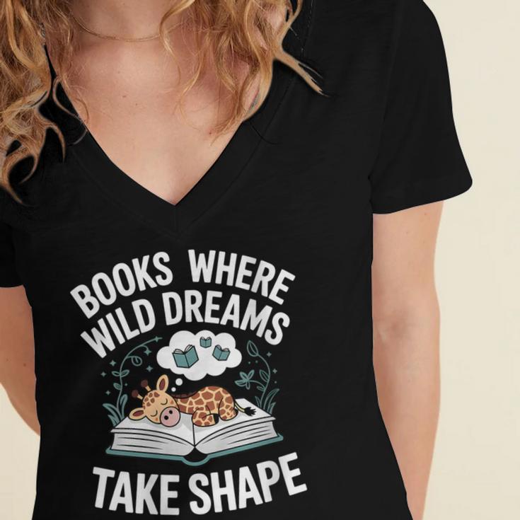 Women's Wild Dreams Reading Giraffe Book Reader Zoo Animals Kids Women's Jersey Short Sleeve Deep V-Neck Tshirt