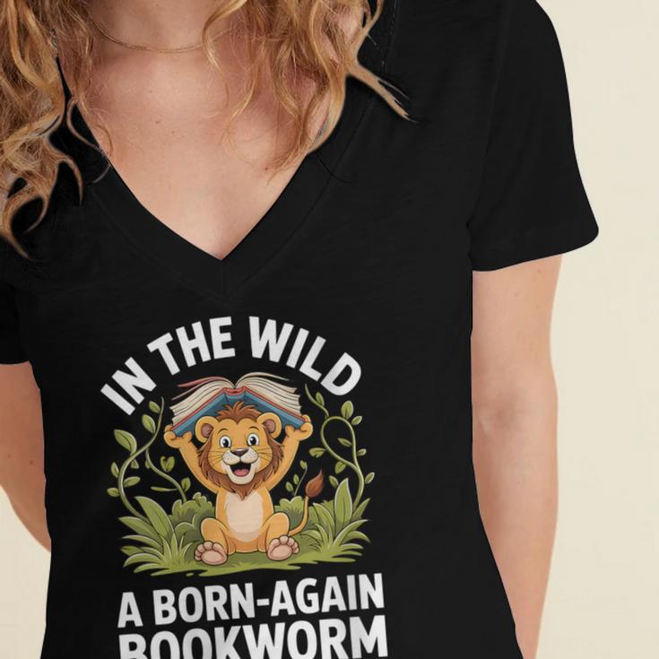 Women's Wild About Reading Book Reader Lion Zoo Animals Kids Women's Jersey Short Sleeve Deep V-Neck Tshirt