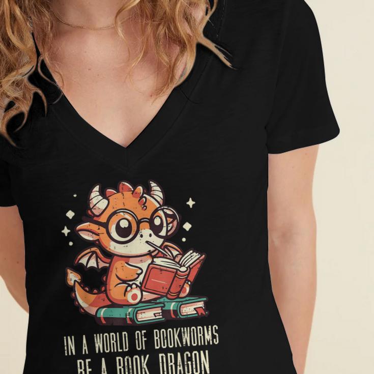 In World Of Bookworms Be Book Dragon Cute Women Kids Men Women's Jersey Short Sleeve Deep V-Neck Tshirt