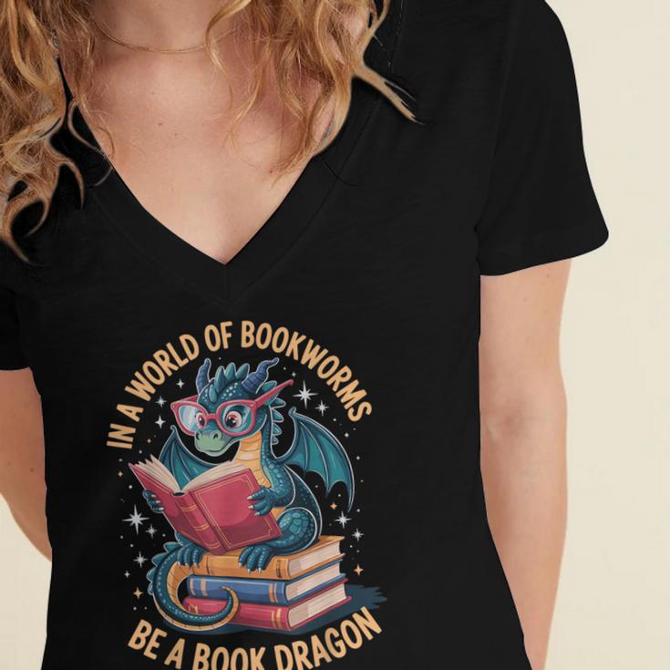 In A World Of Bookworms Be A Book Dragon Women's Jersey Short Sleeve Deep V-Neck Tshirt In A World Of Bookworms Be A Book Dragon Women's Jersey Short Sleeve Deep V-Neck Tshirt