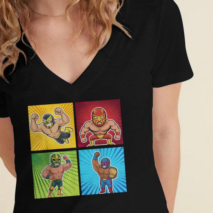 Wrestling Comic Book Wrestler Mexican Lucha Libre Mask Women's Jersey Short Sleeve Deep V-Neck Tshirt Wrestling Comic Book Wrestler Mexican Lucha Libre Mask Women's Jersey Short Sleeve Deep V-Neck Tshirt