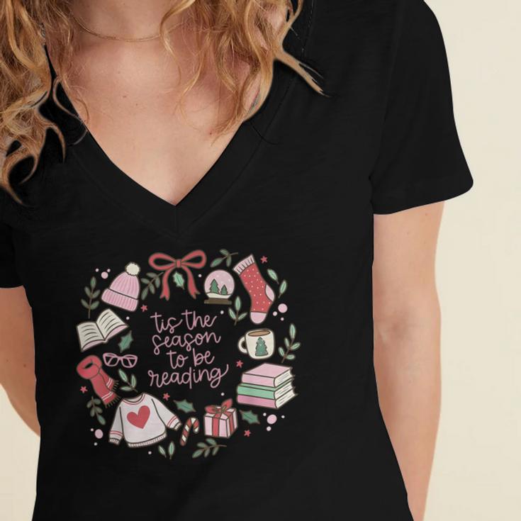 Xmas Tis The Season To Be Reading Books Pajamas Women's Jersey Short Sleeve Deep V-Neck Tshirt