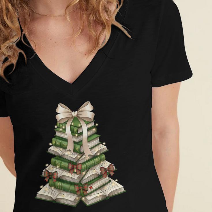 Xmas Tree Books Merry Christmas Coquette Bow Teacher Holiday Women's Jersey Short Sleeve Deep V-Neck Tshirt