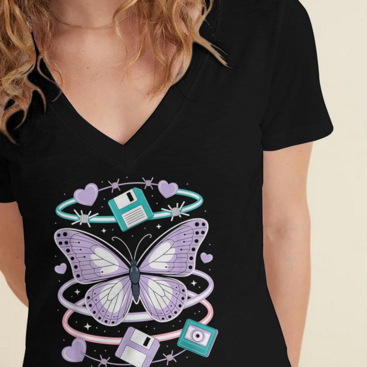 Y2K Butterfly Floppy Disk Art Digital Nostalgia Women's Jersey Short Sleeve Deep V-Neck Tshirt Y2K Butterfly Floppy Disk Art Digital Nostalgia Women's Jersey Short Sleeve Deep V-Neck Tshirt