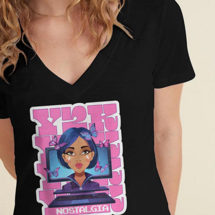 Y2K Nostalgia Retro Aesthetic Trendy Vintage Women's Jersey Short Sleeve Deep V-Neck Tshirt