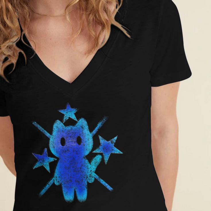 Yk2 Grunge Earthy Blue Cat With Stars Tomboy 90s Nostalgia Women's Jersey Short Sleeve Deep V-Neck Tshirt Yk2 Grunge Earthy Blue Cat With Stars Tomboy 90s Nostalgia Women's Jersey Short Sleeve Deep V-Neck Tshirt