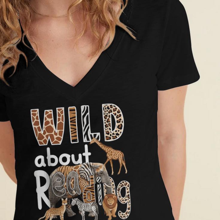 Zoo Animals Wild About Reading Books Reader Lover Librarian Women's Jersey Short Sleeve Deep V-Neck Tshirt