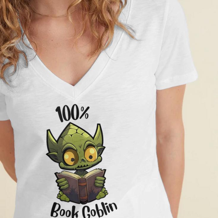 100 Book Goblin Cute Book Reader And Library Lover Women's Jersey Short Sleeve Deep V-Neck Tshirt